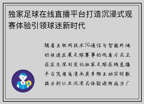 独家足球在线直播平台打造沉浸式观赛体验引领球迷新时代