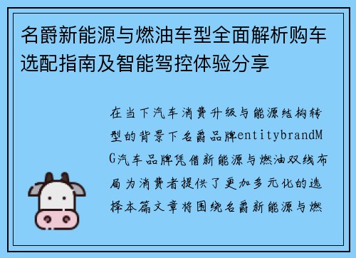 名爵新能源与燃油车型全面解析购车选配指南及智能驾控体验分享