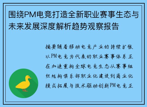 围绕PM电竞打造全新职业赛事生态与未来发展深度解析趋势观察报告